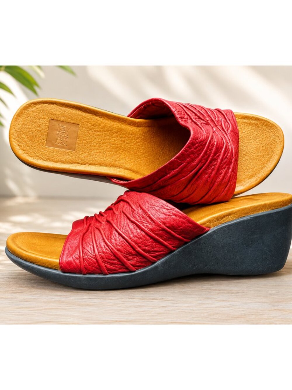 Cougar Burnt Red Leather Wedge Slide Sandals, size 9, Summer Slides Cottagecore